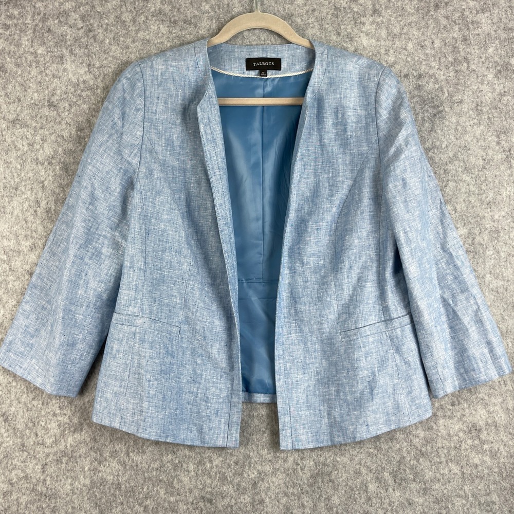 Talbots Linen Blazer Jacket Womens 12 Blue Collarless 3/4 Sleeve Minimal Coastal